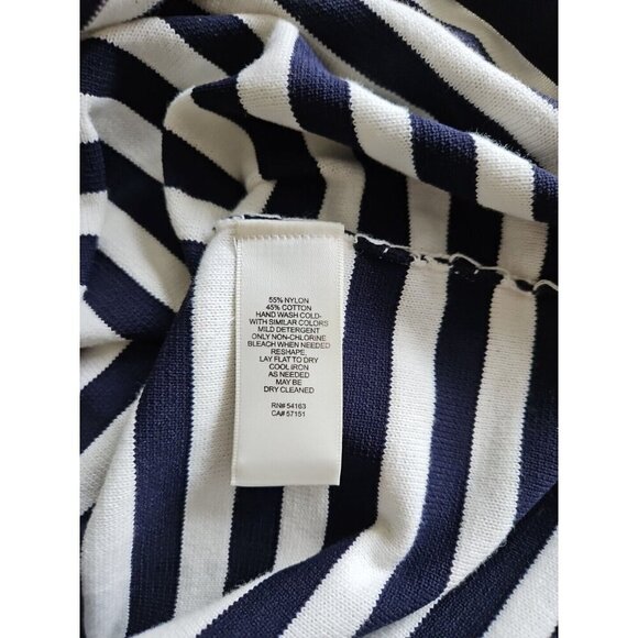 Eliza J Dress M Navy White Striped SS Bodycon Reverse Knit Midi Stretch Nautical - Picture 8 of 13
